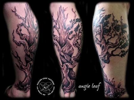 Angela Leaf - Black and Grey Bristlecone Pine Tattoo